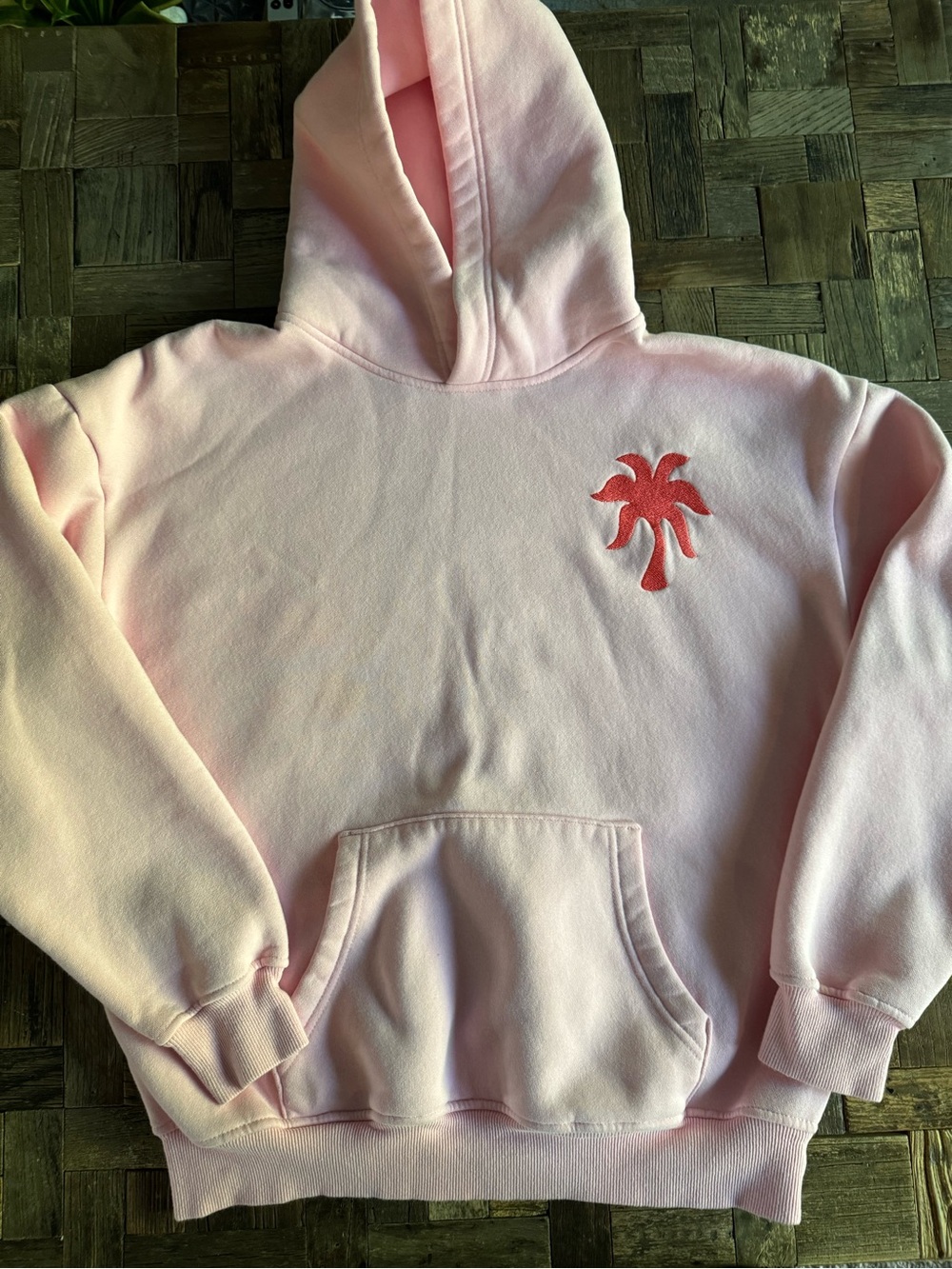 Light Pink Pullover Hoodie with Coral Palm Motif